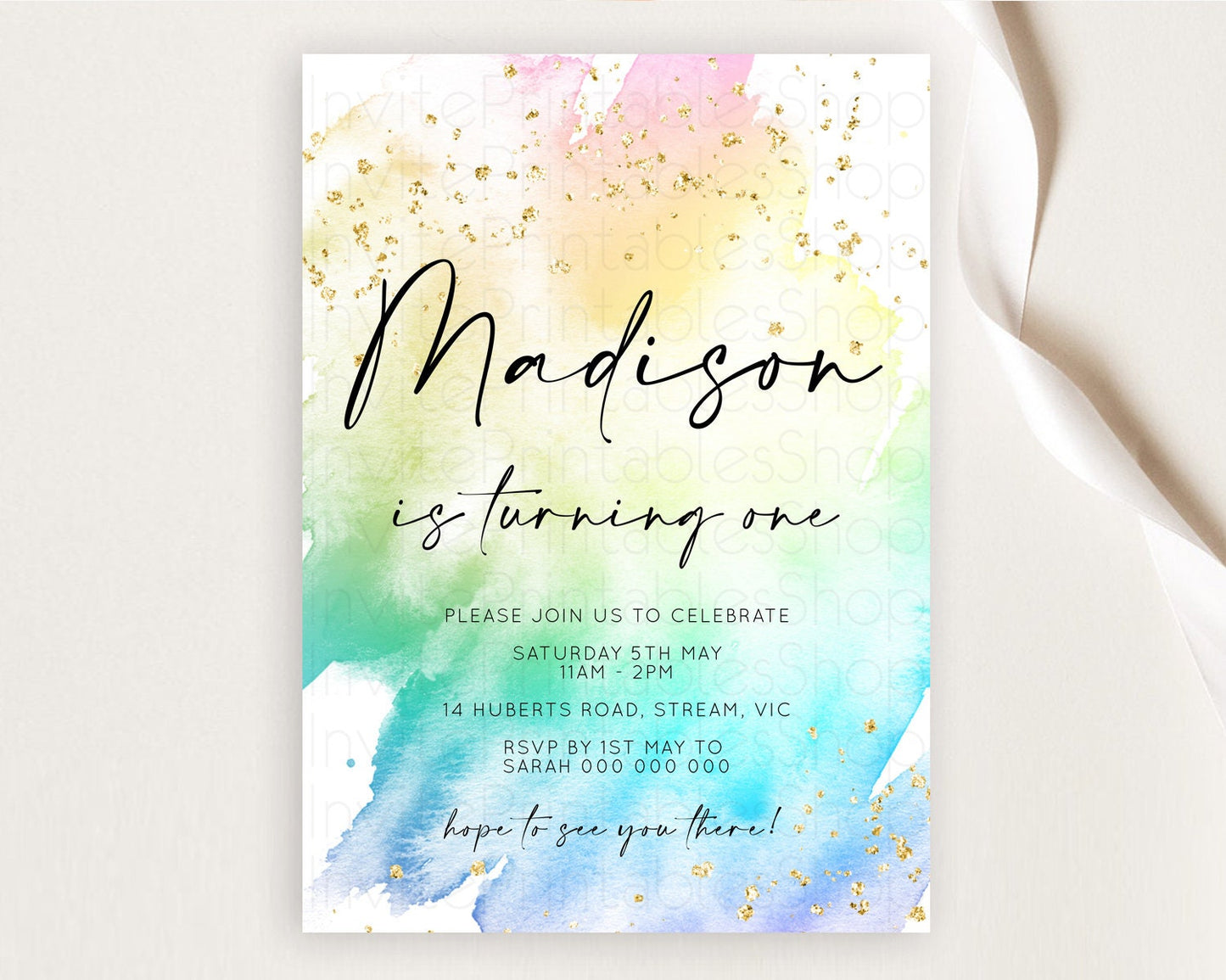 Rainbow Birthday Invitation Colorful Pastel Watercolor Invitation Gold Glitter Sprinkles Ombre Pastel 1st 2nd 3rd Birthday D11028