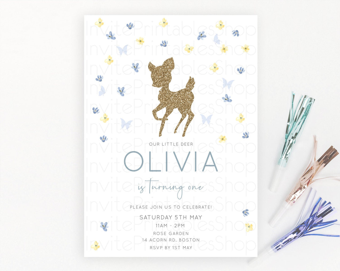 Fawn Birthday Invitation Deer Birthday Invitation Enchanted Forest Party Butterfly Pastel Flowers Whimsical 2nd 1st First Birthday D10864