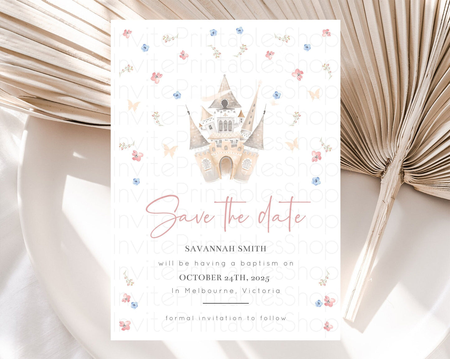 Princess Save The Date Template Secret Garden Enchanted Castle Pastel Floral Royal Party For 1st Birthday Baptism Baby Shower D10364