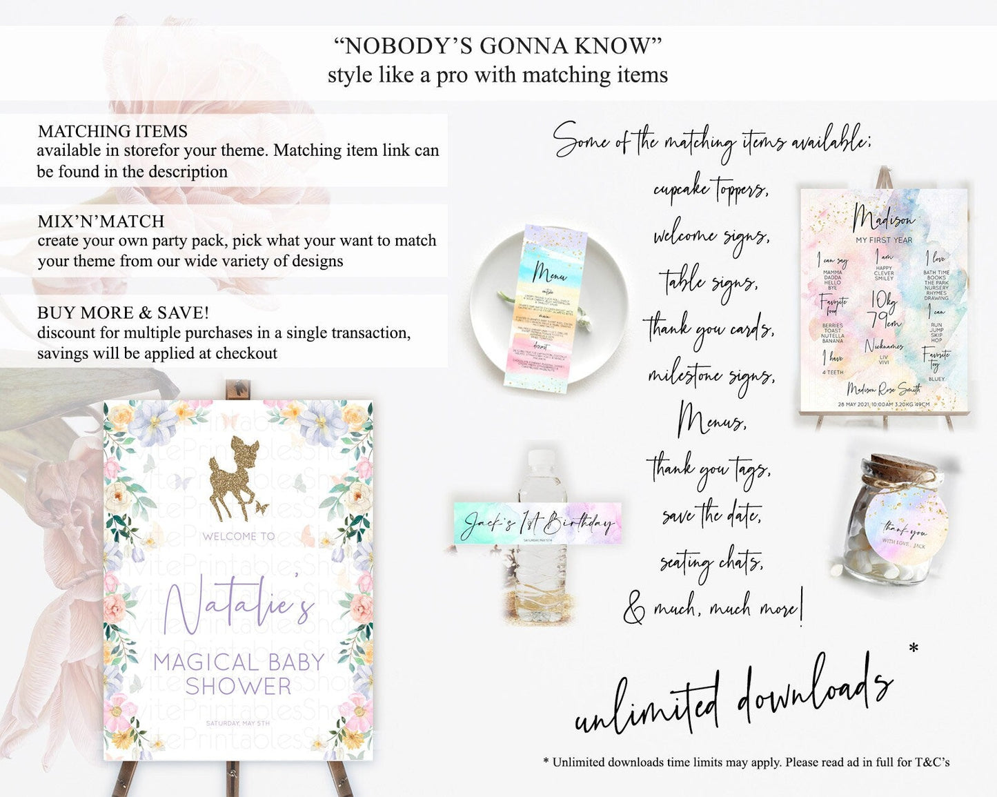 Fawn Baby Shower Welcome Sign Deer Welcome Board Floral Deer Welcome Poster Enchanted Forest Butterfly Pastel Floral Welcome Sign D10477