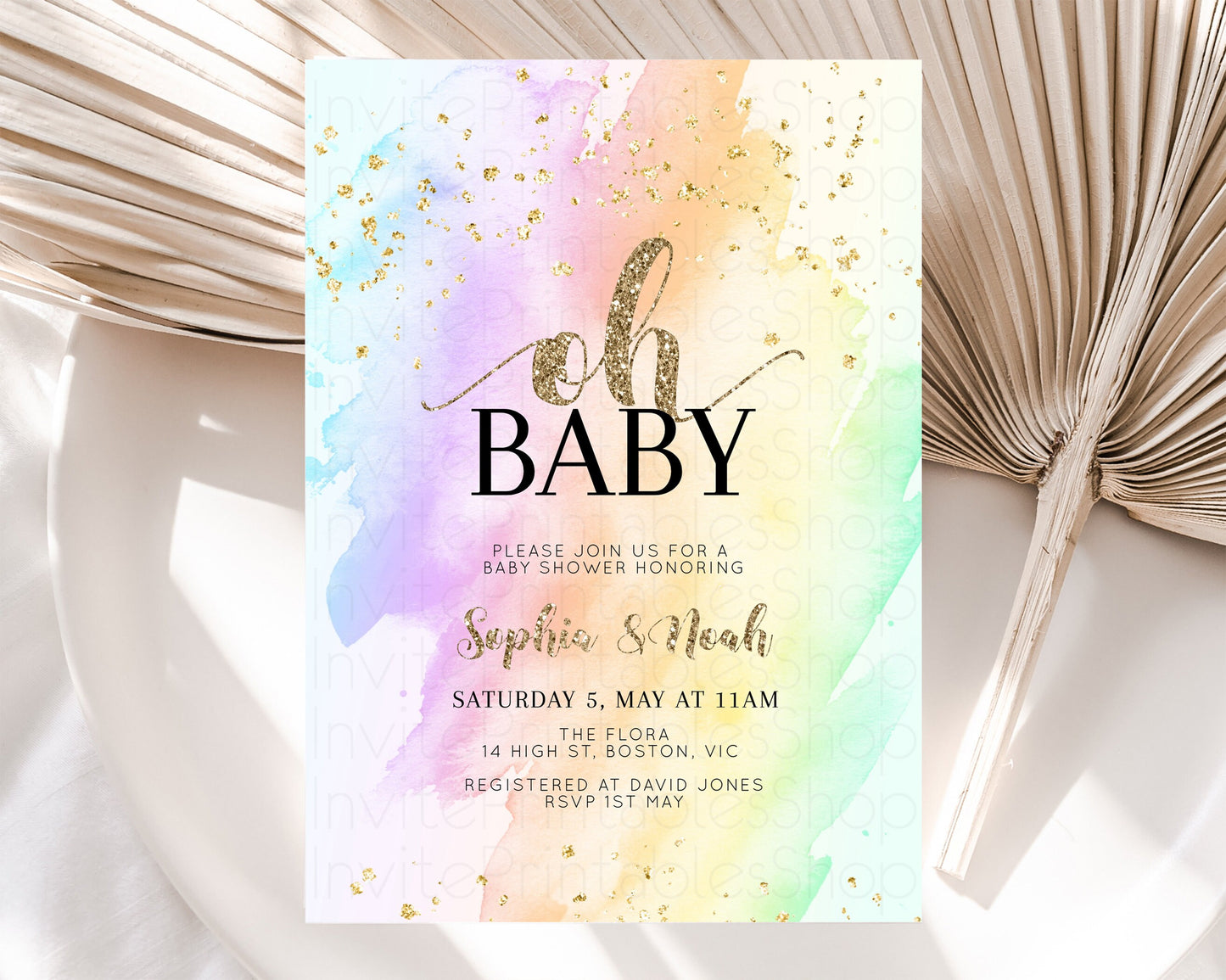 Rainbow Baby Shower Invitation Pastel Watercolor Invitation Ombre Splash Invite Glitter Confetti Sprinkles Colorful Gender Neutral 604v2
