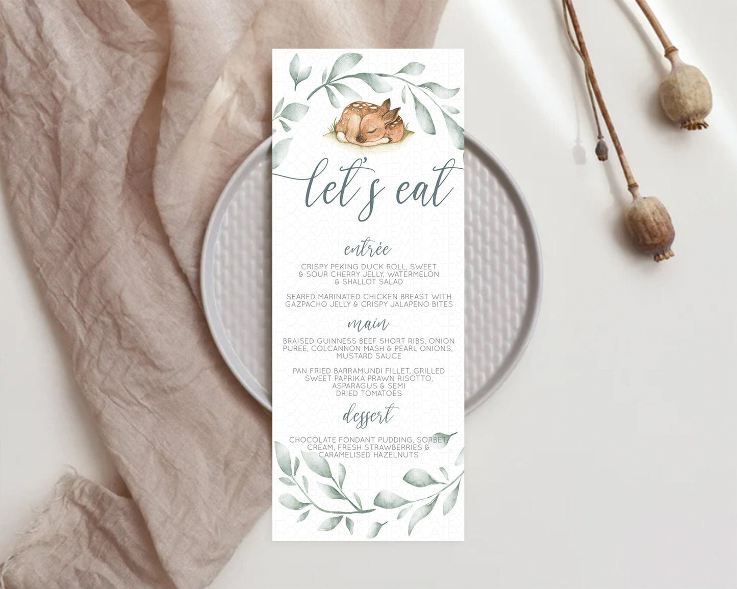 Fawn Menu Deer Menu Template Pastel Floral Deer Table Decor Enchanted Forest Butterfly Floral Dinner Dessert Menu Party Food Menu D10935