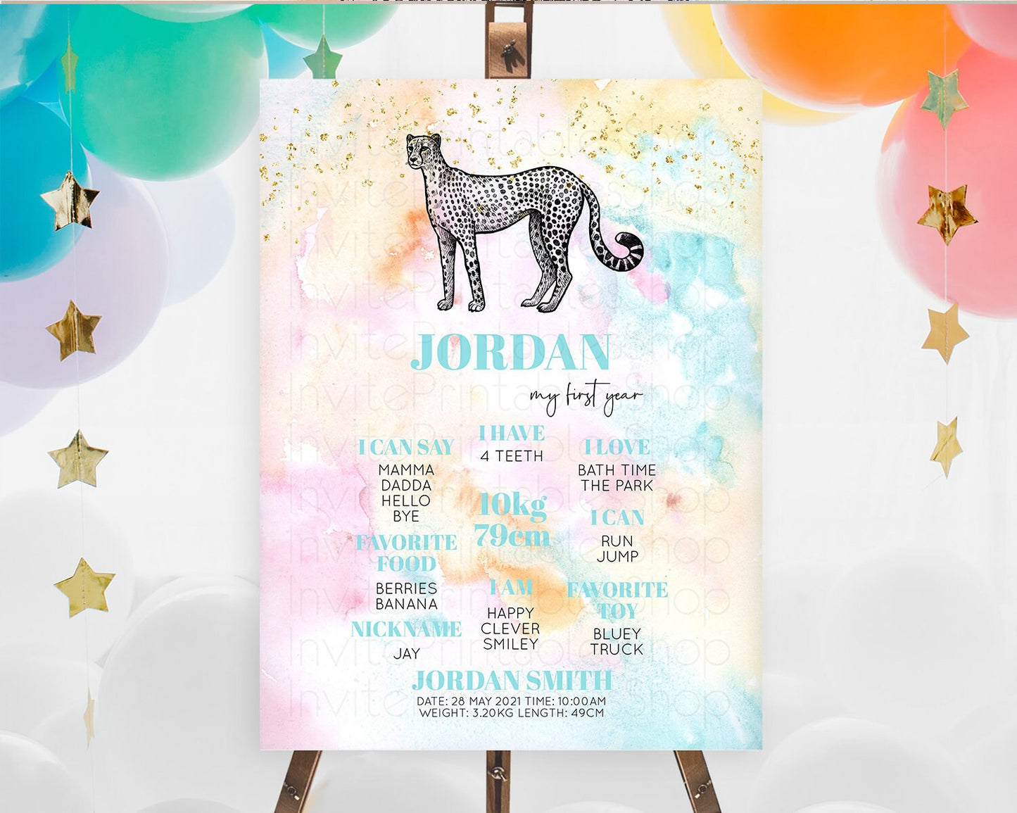 Pastel Cheetah First Birthday Milestone Board Cheetah Milestone Poster Colorful Rainbow Pastel Watercolor 1st Birthday Welcome Sign D10289