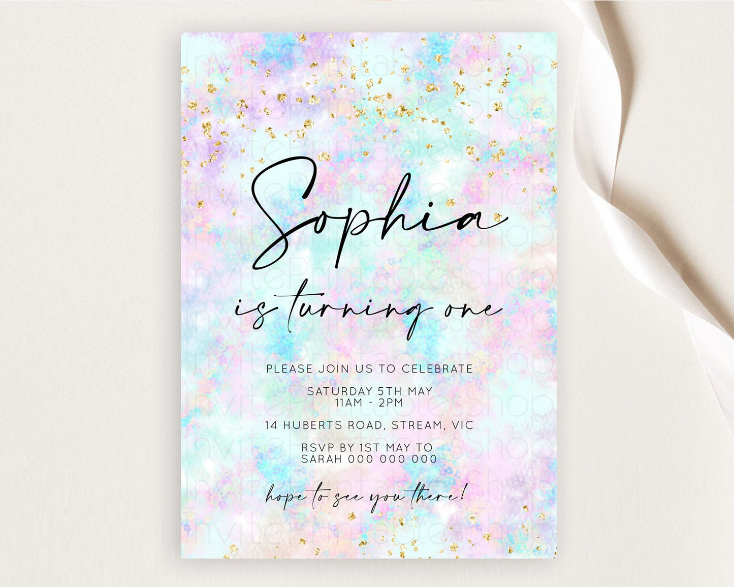 Rainbow Birthday Invitation Colorful Pastel Watercolor Invitation Gold Glitter Sprinkles Ombre Pastel 1st 2nd 3rd Birthday D10652