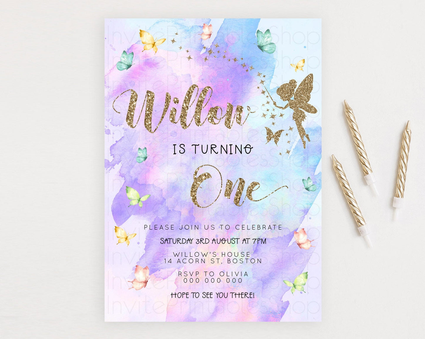 Pastel Fairy Birthday Invitation Pastel Butterflies Fairy Birthday Invitation Rainbow Ombre Watercolor 1st 2nd Birthday Invitation D23343