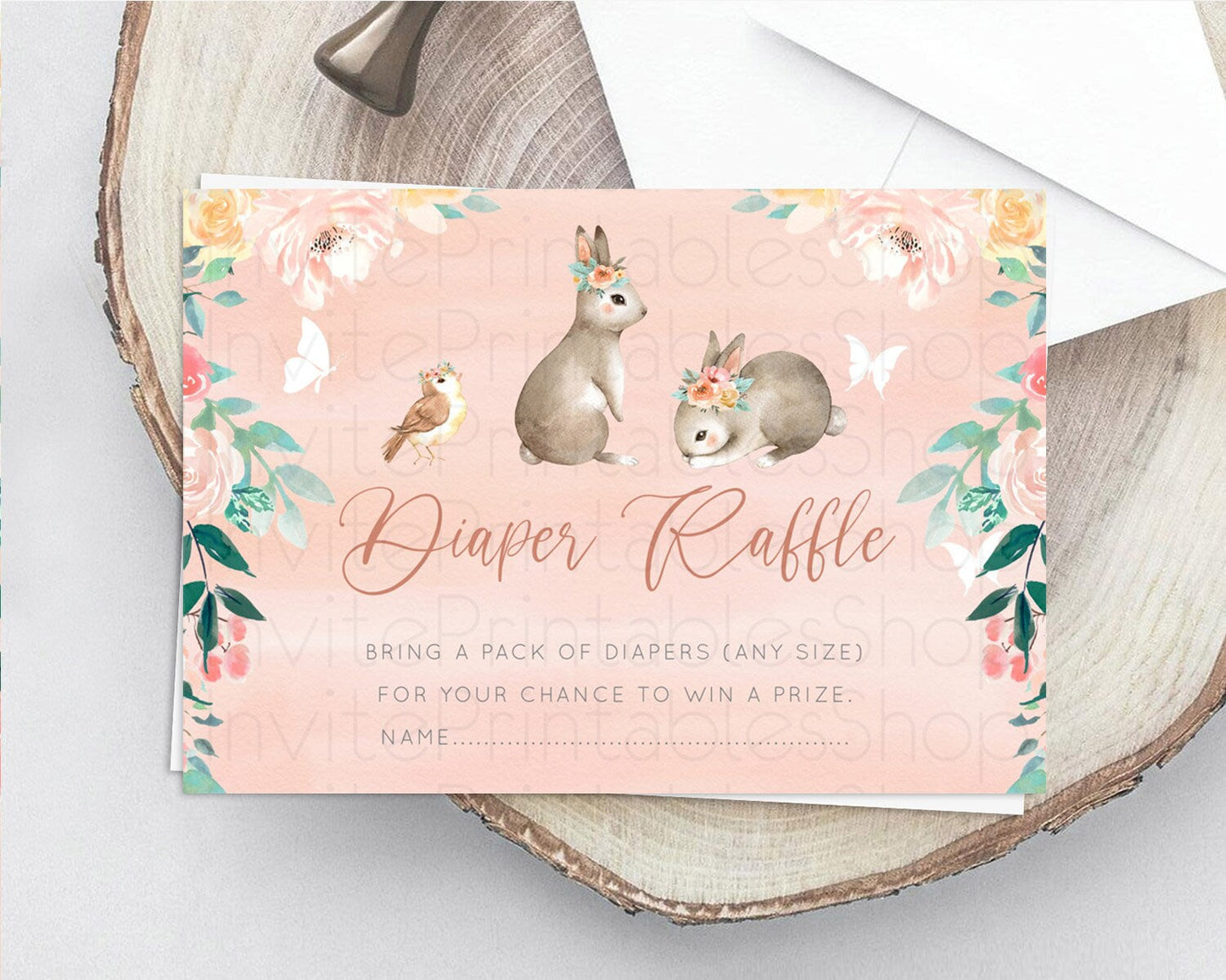 Bunny Diaper Raffle Card Floral Bunny Diaper Raffle Insert Pastel Flowers Woodland Bunny Diaper Ticket Forest Bunny Raffle Game D10922