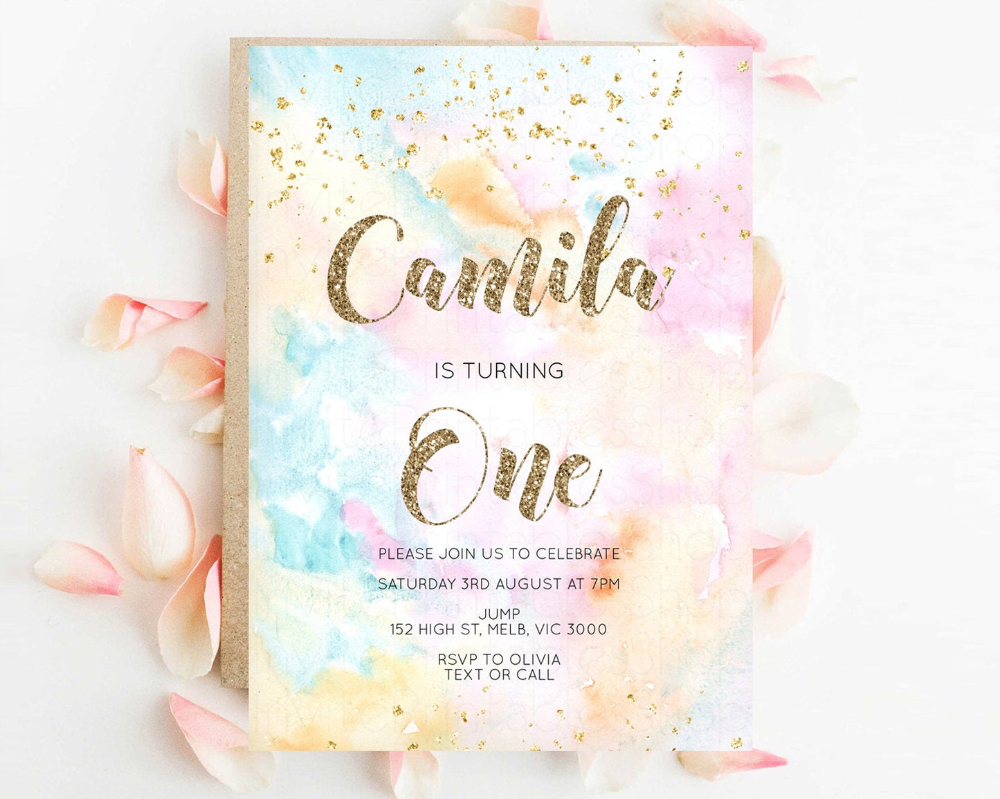 Rainbow Birthday Invitation Glitter Pastel Invitation Colorful Watercolor Gold Foil Splatter Sprinkles Ombre Glitter Invite 1st 2nd 3rd G566