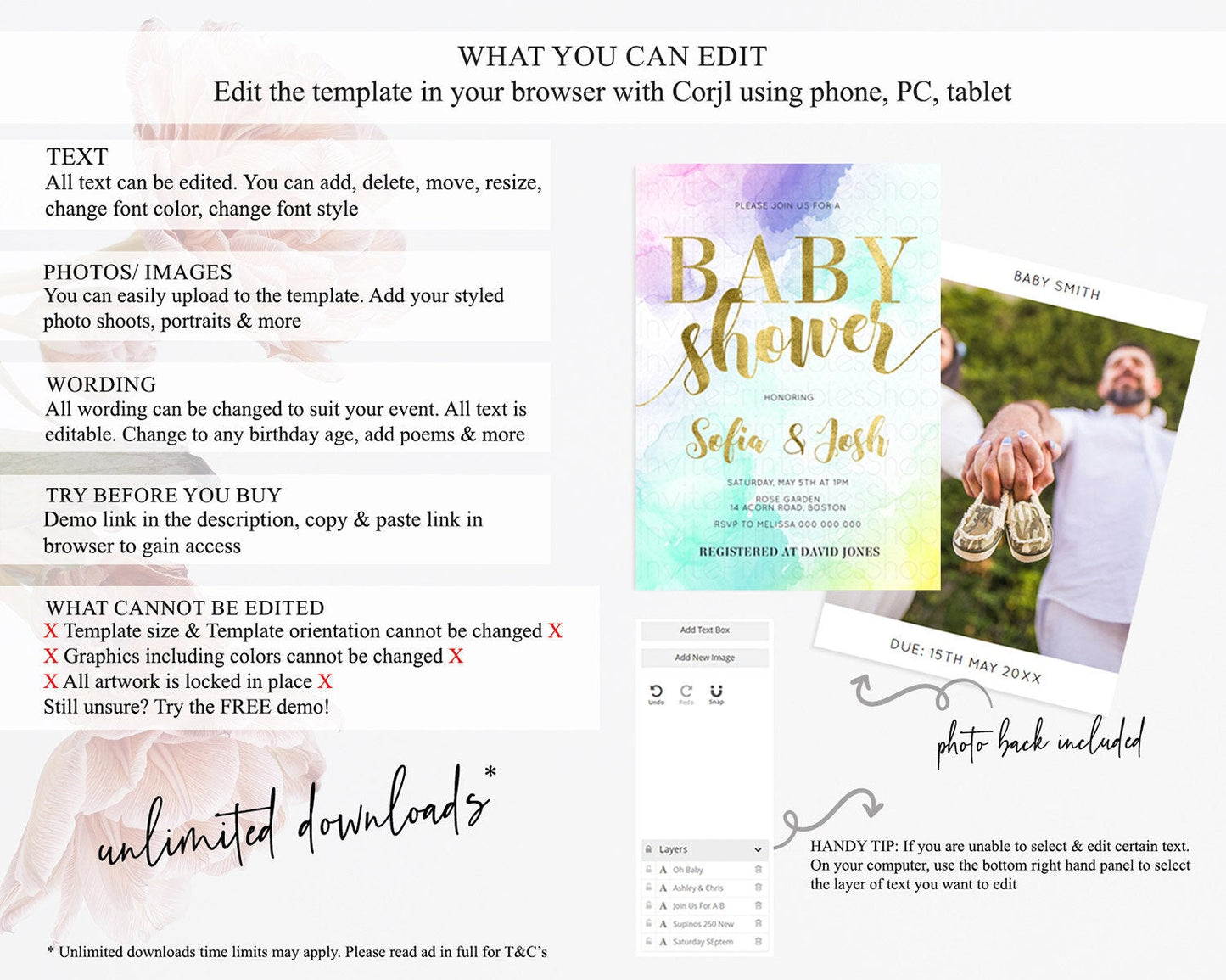 Pastel Baby Shower Invitation Rainbow Baby Shower Invitation Colorful Pastel Watercolor Invitation Gold Glitter Sprinkles Ombre D11024