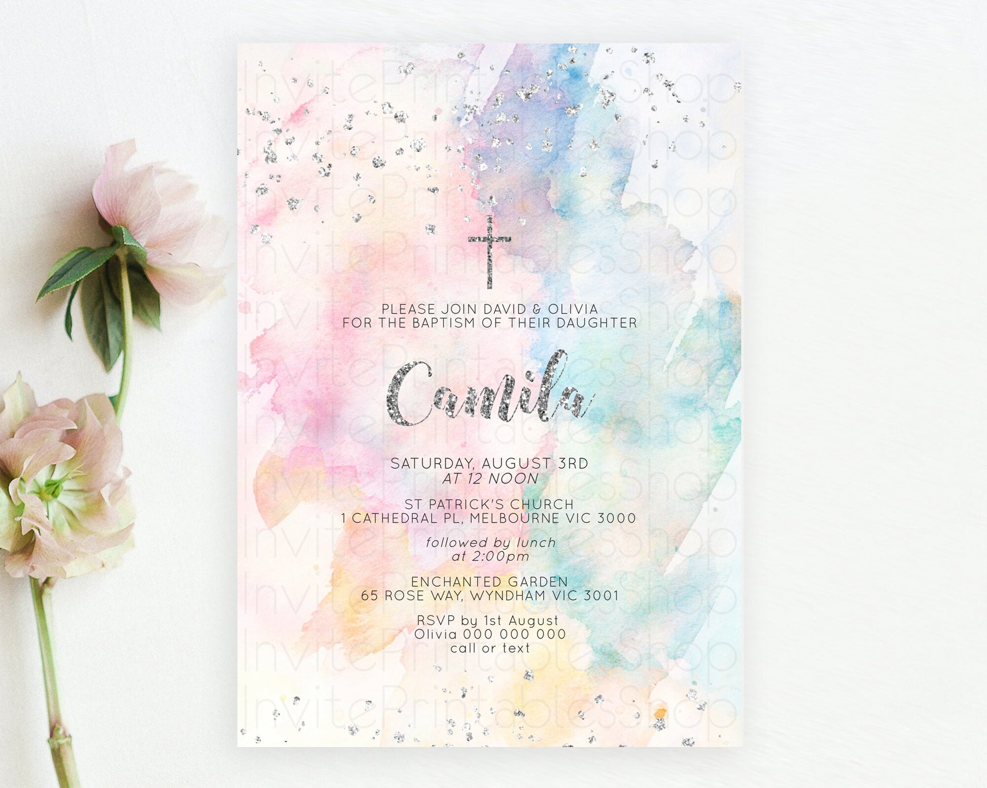 Editable Rainbow Baptism Invitation Colorful Pastel Watercolor Baptism 1st B