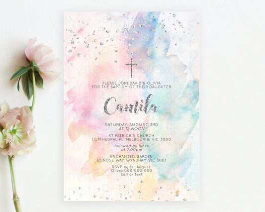 Editable Rainbow Baptism Invitation Colorful Pastel Watercolor Baptism 1st B