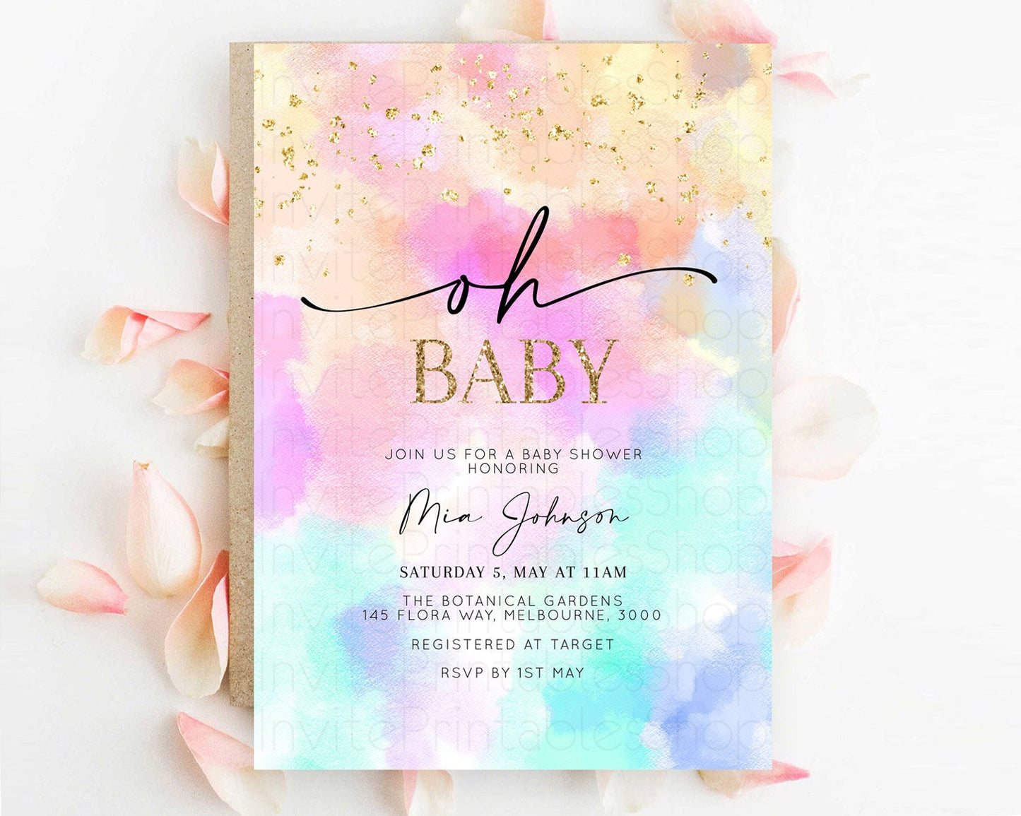 Pastel Baby Shower Invitation Rainbow Baby Shower Invitation Colorful Pastel Watercolor Invitation Gold Glitter Sprinkles Ombre D10667
