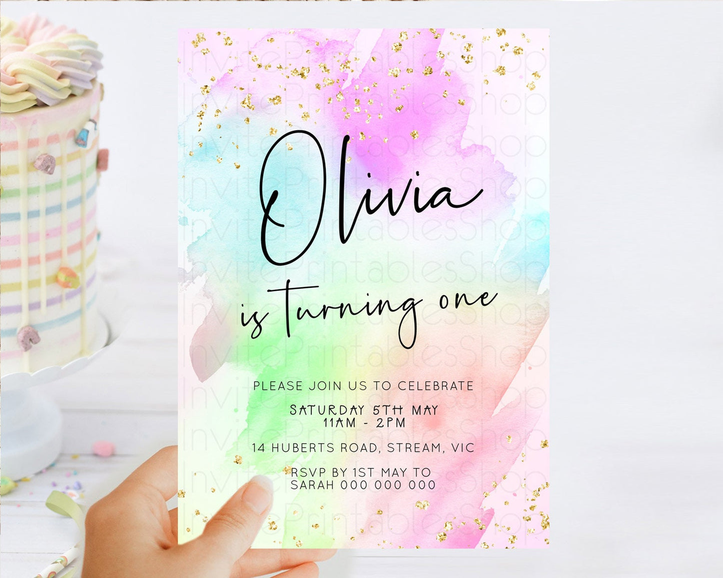 Pastel Birthday Invitation Ombre Watercolor Birthday Invitation Glitter Rainbow Color Splash 1st 2nd 3rd Birthday Invitation D23072