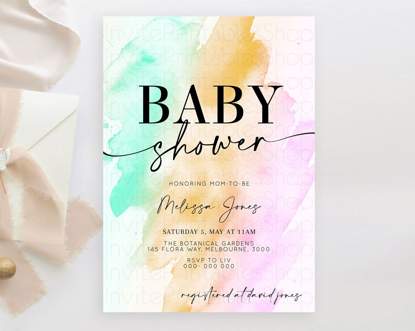 Pastel Baby Shower Invitation Rainbow Baby Shower Invitation Colorful Pastel Watercolor Invitation Gold Glitter Sprinkles Ombre D10962