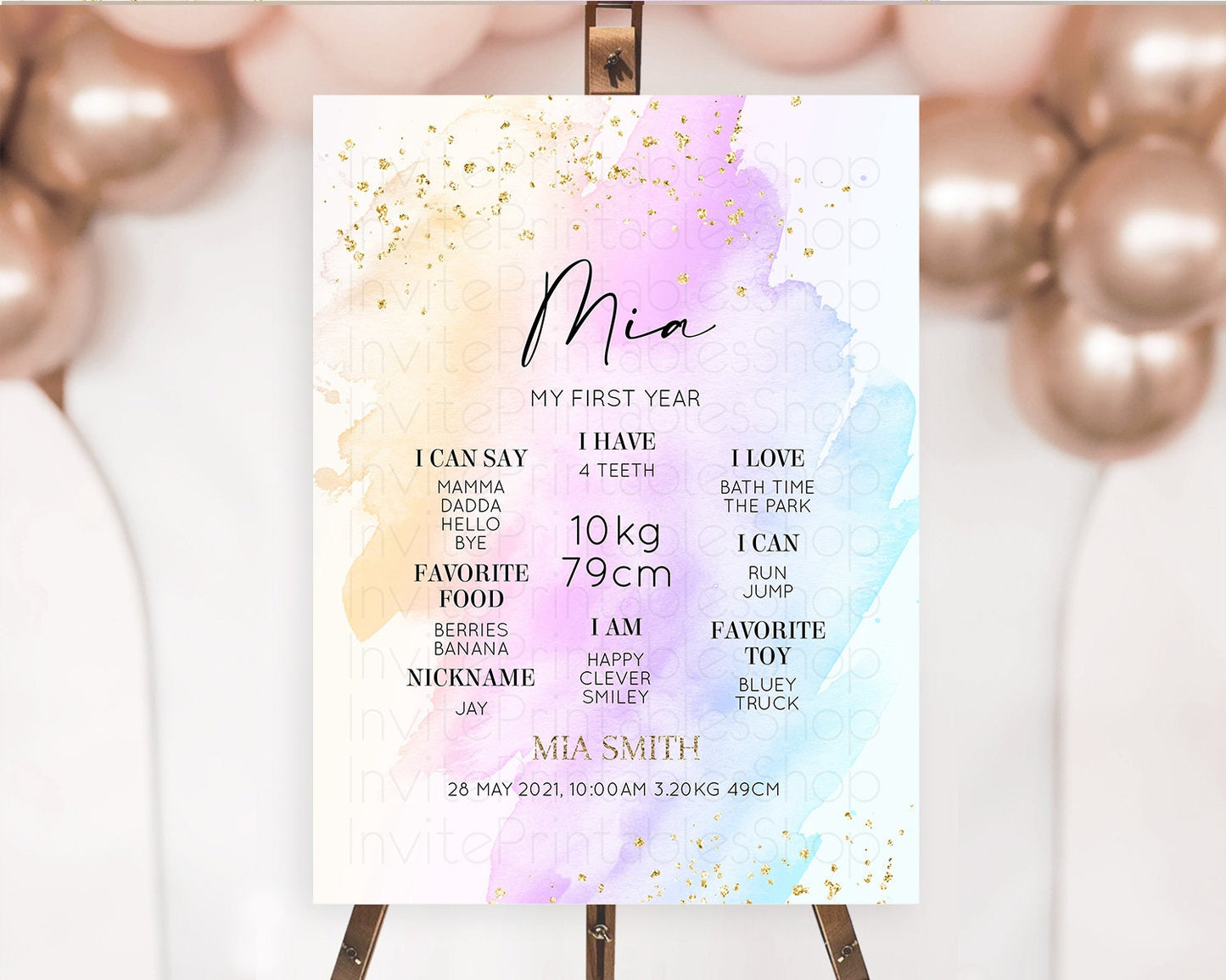 Pastel First Birthday Milestone Board Pastel Rainbow Milestone Poster Colorful Confetti Watercolor Glitter 1st Birthday Welcome Sign D10175