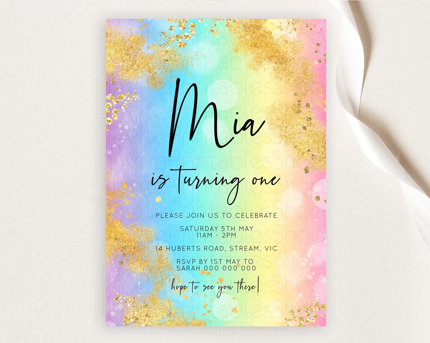 Rainbow Birthday Invitation Colorful Pastel Watercolor Invitation Gold Glitter Sprinkles Ombre Pastel 1st 2nd 3rd Birthday D10559