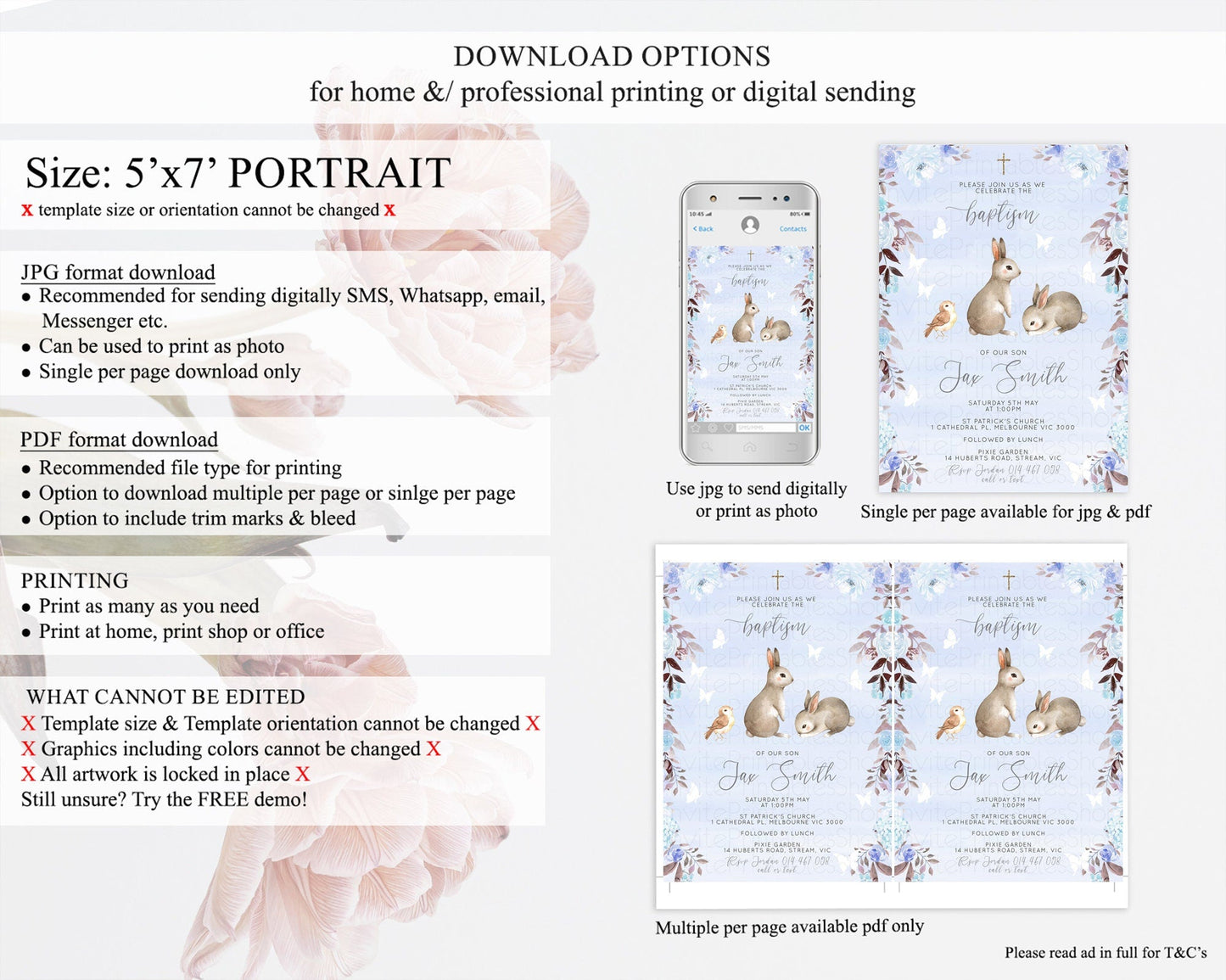 Bunny Baptism Invitation Floral Bunny Baptism 1st Birthday Invitation Pastel Bunny Christening Invite Watercolor Forest Bunny Party D10923