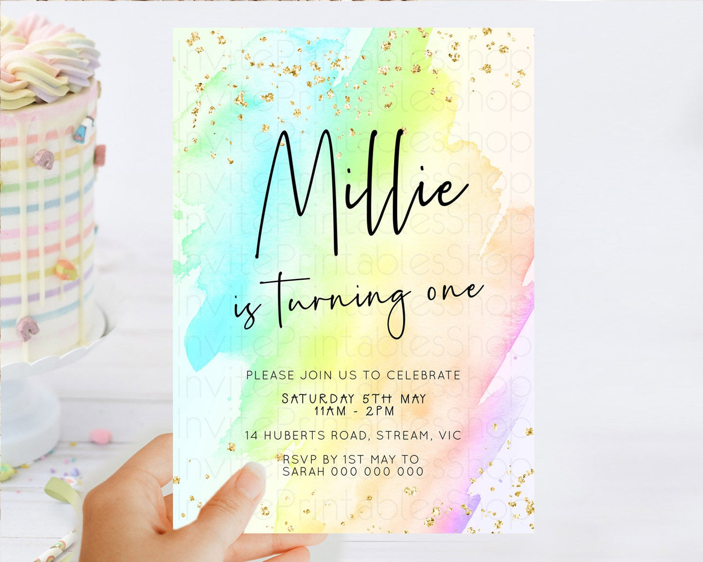 Pastel Birthday Invitation Ombre Watercolor Birthday Invitation Glitter Rainbow Color Splash 1st 2nd 3rd Birthday Invitation D23051