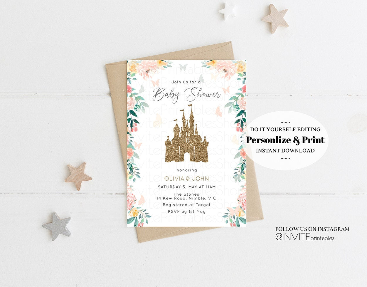 Princess Baby Shower Castle Invitation Glitter Castle Invitation Glitter Pastel Florals Secret Garden Enchanted Magical Butterflies Flutters