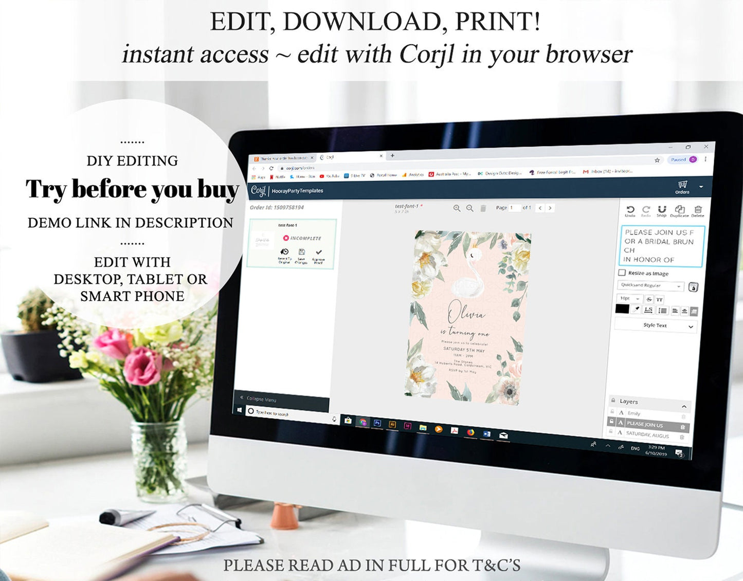 Swan Princess Birthday Invitation Swan Crown Princess Magical Enchanted Woodland Floral Secret Garden White Flowers  Custom Printable Invite