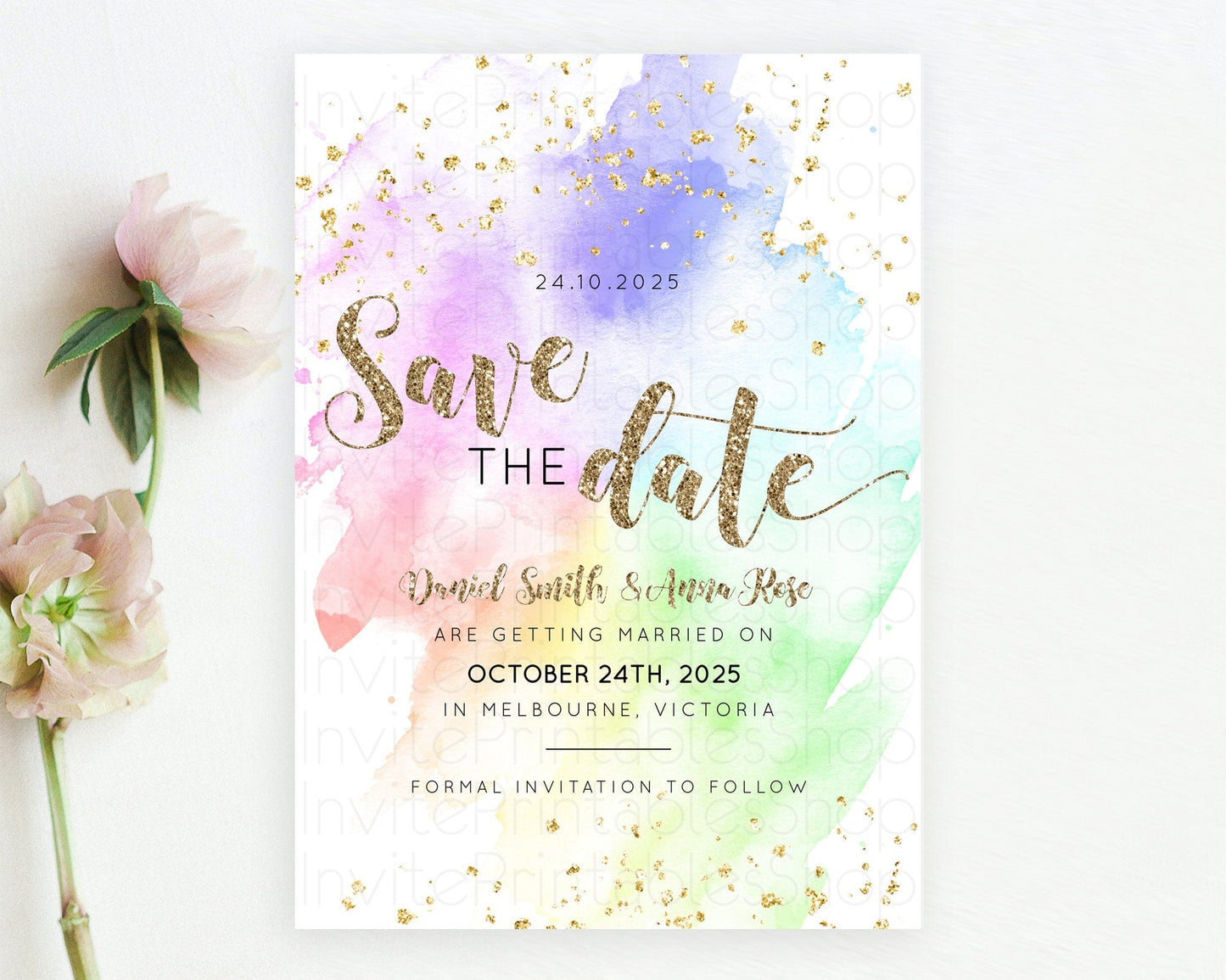Pastel Save The Date Template Pastel Ombre Rainbow Watercolor Colorful Party For Birthday Baptism Baby Shower Wedding Bridal Shower D10319