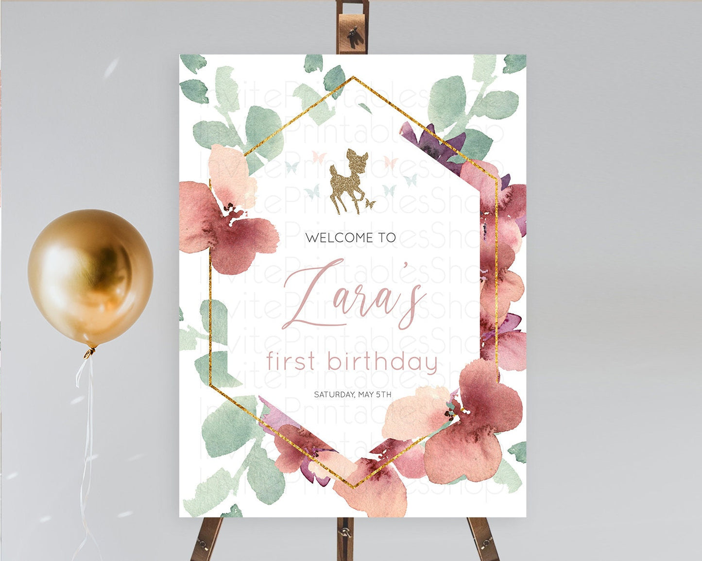 Fawn Welcome Sign Deer Welcome Board Floral Deer Welcome Poster Enchanted Forest Butterfly Pastel Floral First Birthday Welcome Sign D10459