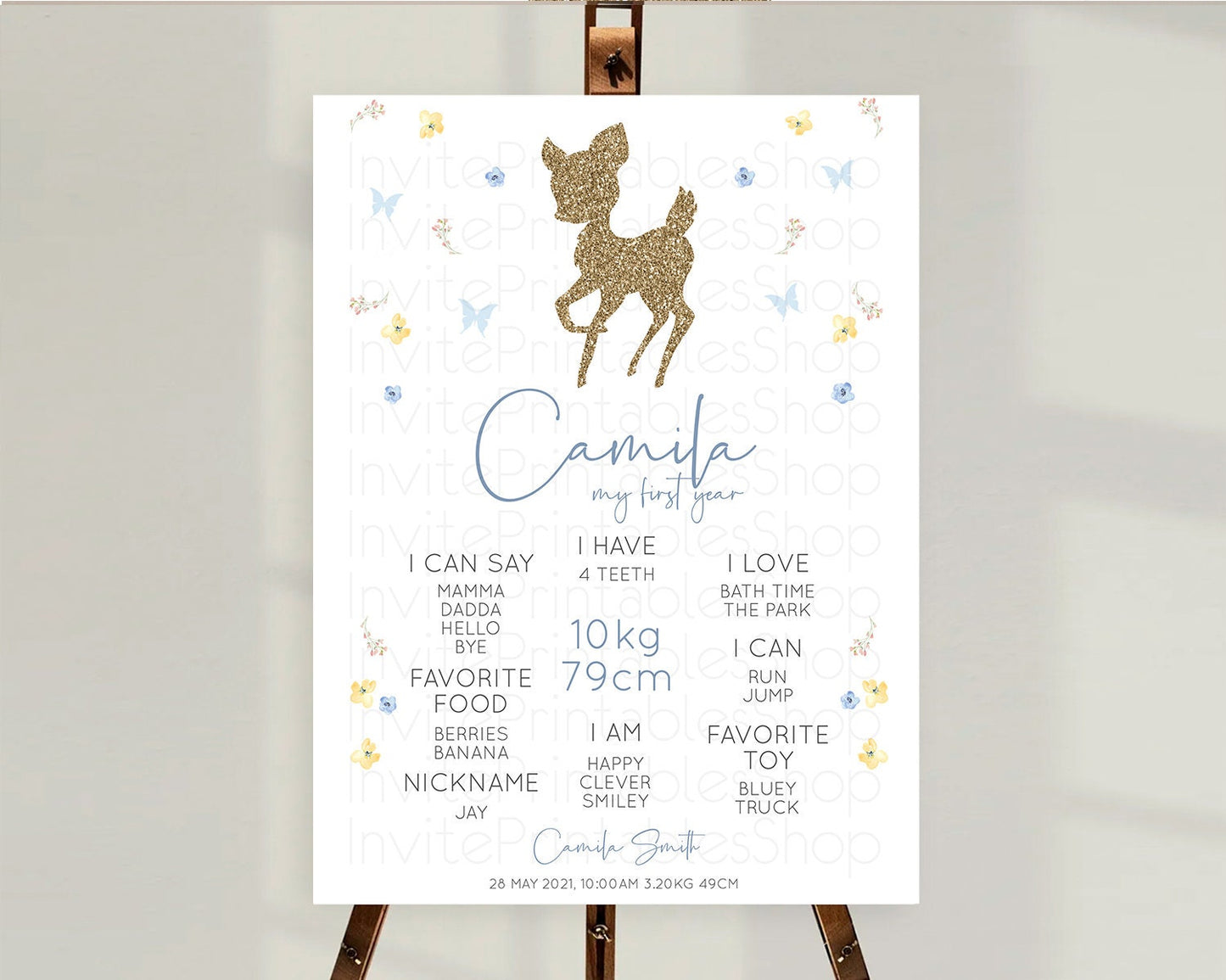 Fawn First Birthday Milestone Board Deer First Birthday Milestone Poster Enchanted Forest Butterfly Pastel Flowers 1st Birthday Sign D10360