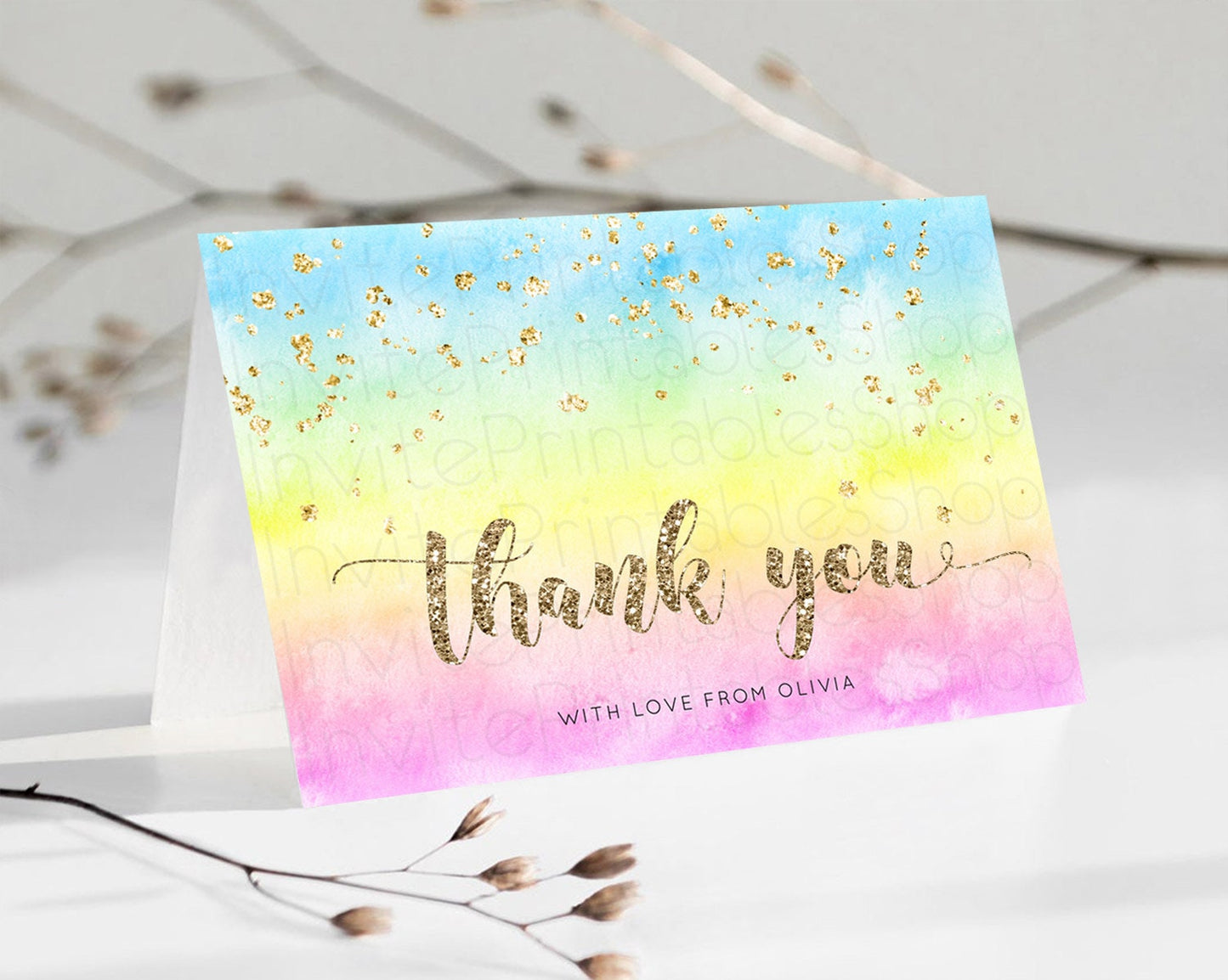 Pastel Thank You Rainbow Thank You Card Colorful Pastel Birthday Thank You Card Confetti Watercolor Pastel Teacher Thank You Cards D10479