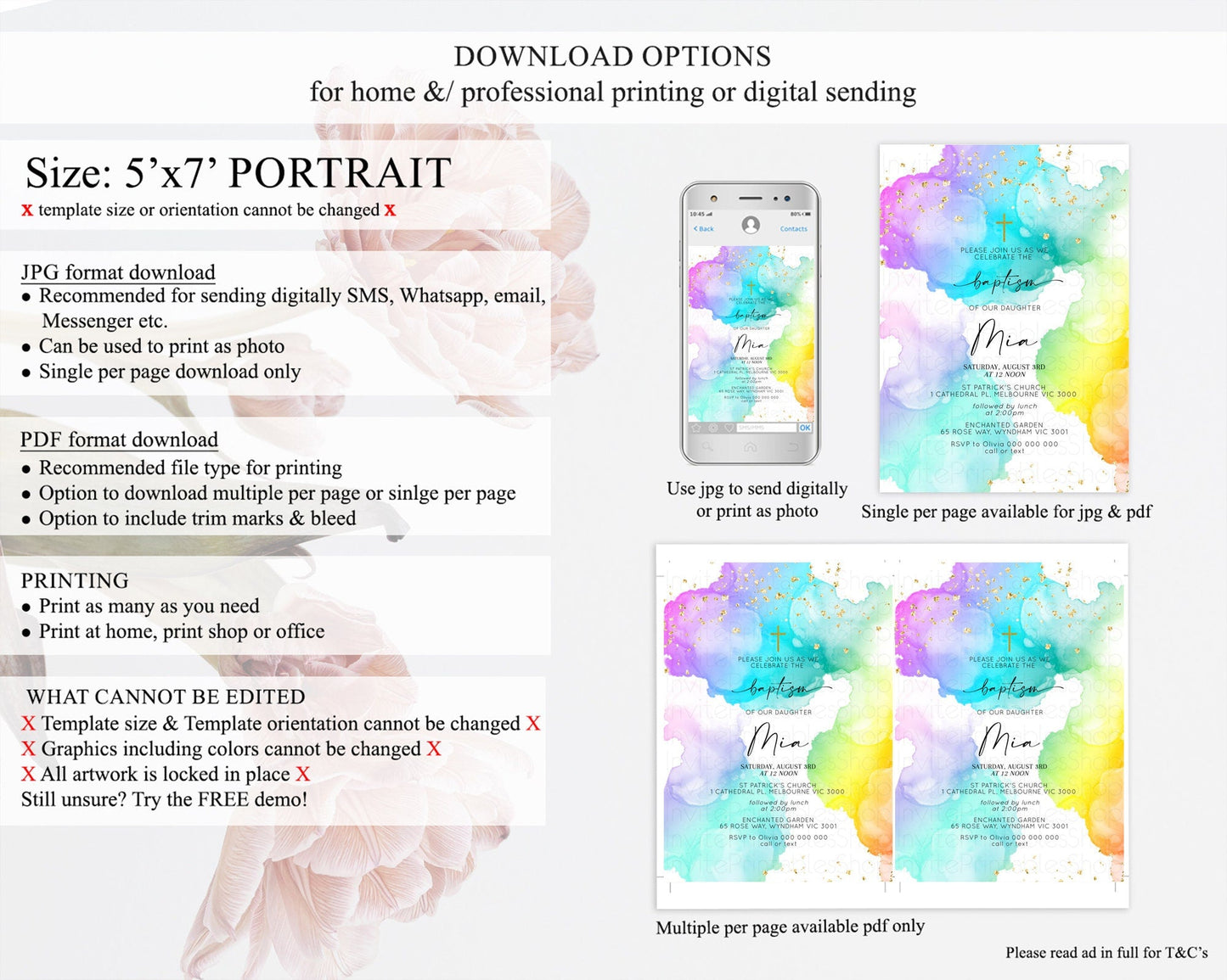 Pastel Baptism Invitation Pastel Colors Watercolor Baptism 1st Birthday Party Gold Ombre Pastel Rainbow Christening Holy Communion D10213