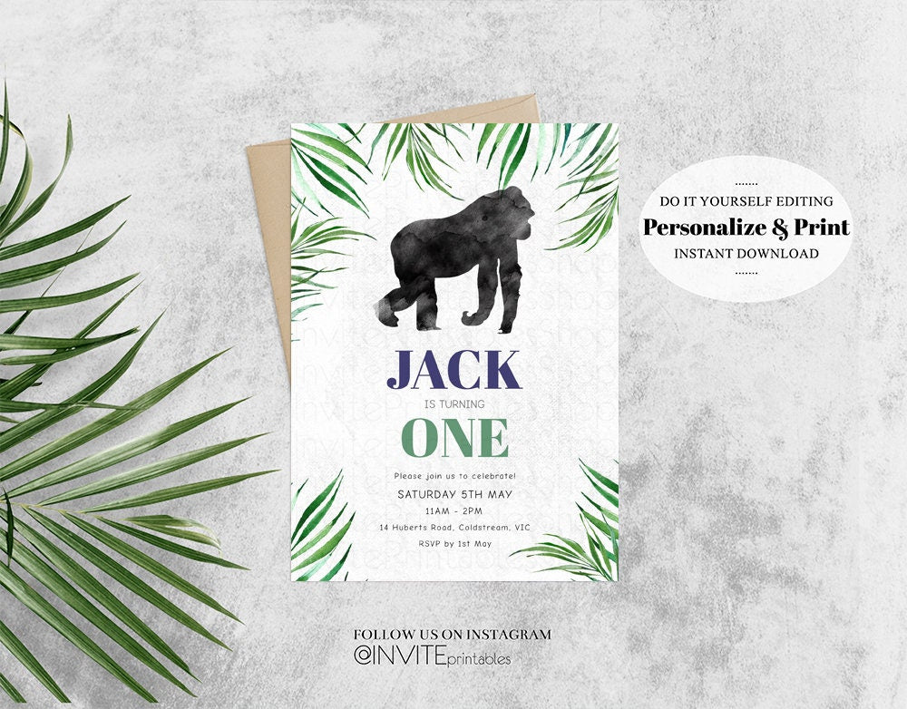 Gorilla Birthday Invitation Watercolor Gorilla Tropical Palm Jungle Safari Adventure Zoo Party Wild Party Animal Custom Editable Invite