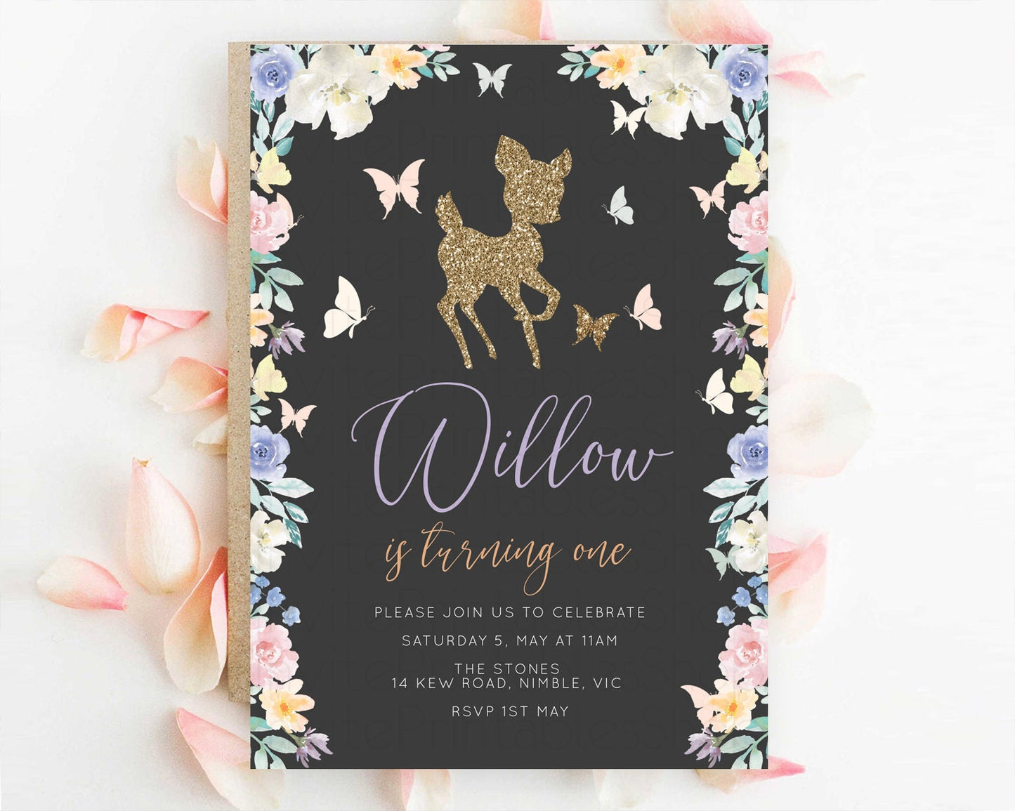 Fawn Birthday Invitation Deer Birthday Invitation Enchanted Forest Party Butterfly Pastel Flowers Whimsical 2nd 1st First Birthday D10323