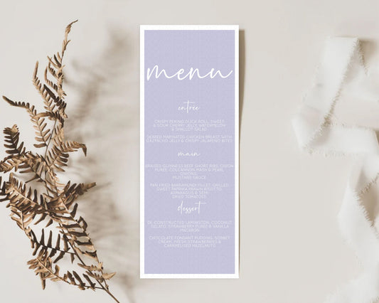 Editable Purple Menu Pastel Purple Menu Template Purple Minimal Table Decor
