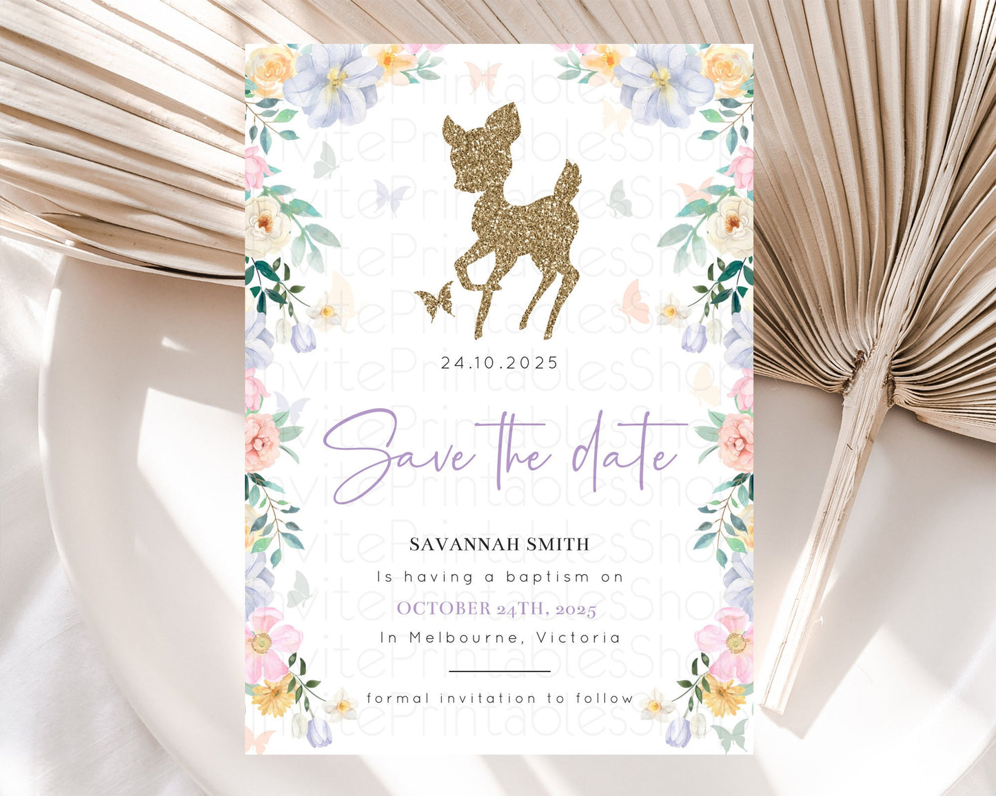 Fawn Deer Save The Date Template Pastel Floral Deer Enchanted Forest Butterfly Party 1st Birthday Baptism Baby Shower Bridal Shower D10477