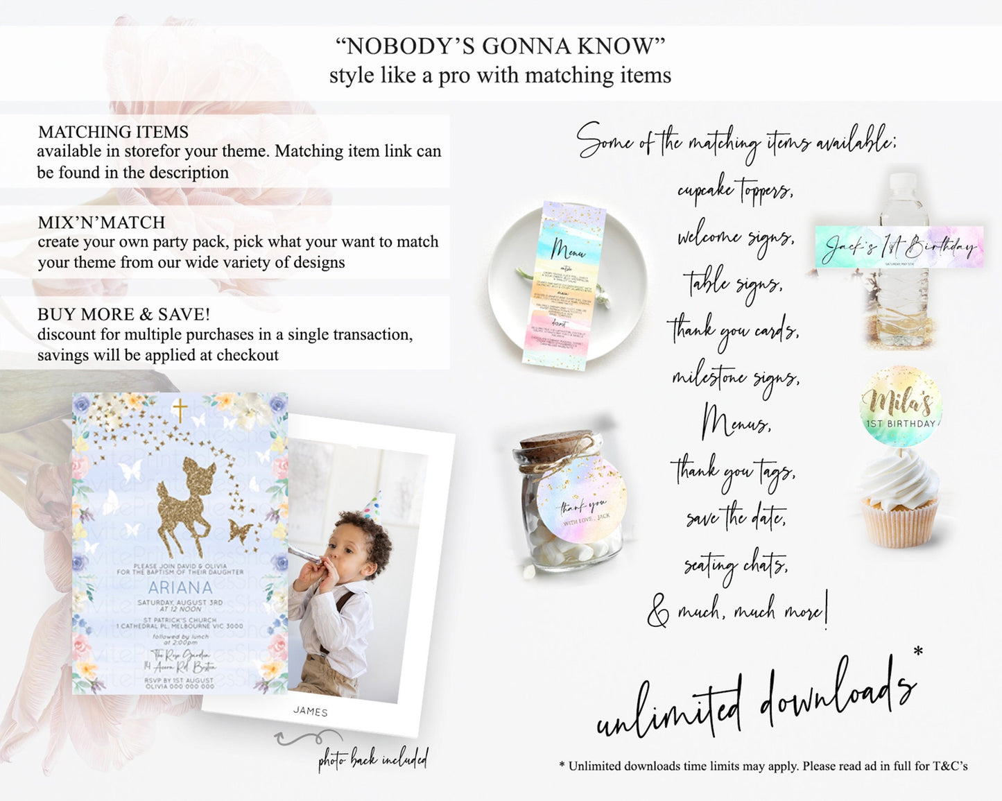 Fawn Baptism Invitation Deer Baptism 1st Birthday Invitation Enchanted Forest Christening Invitation Pastel Garden Butterfly Floral D10879