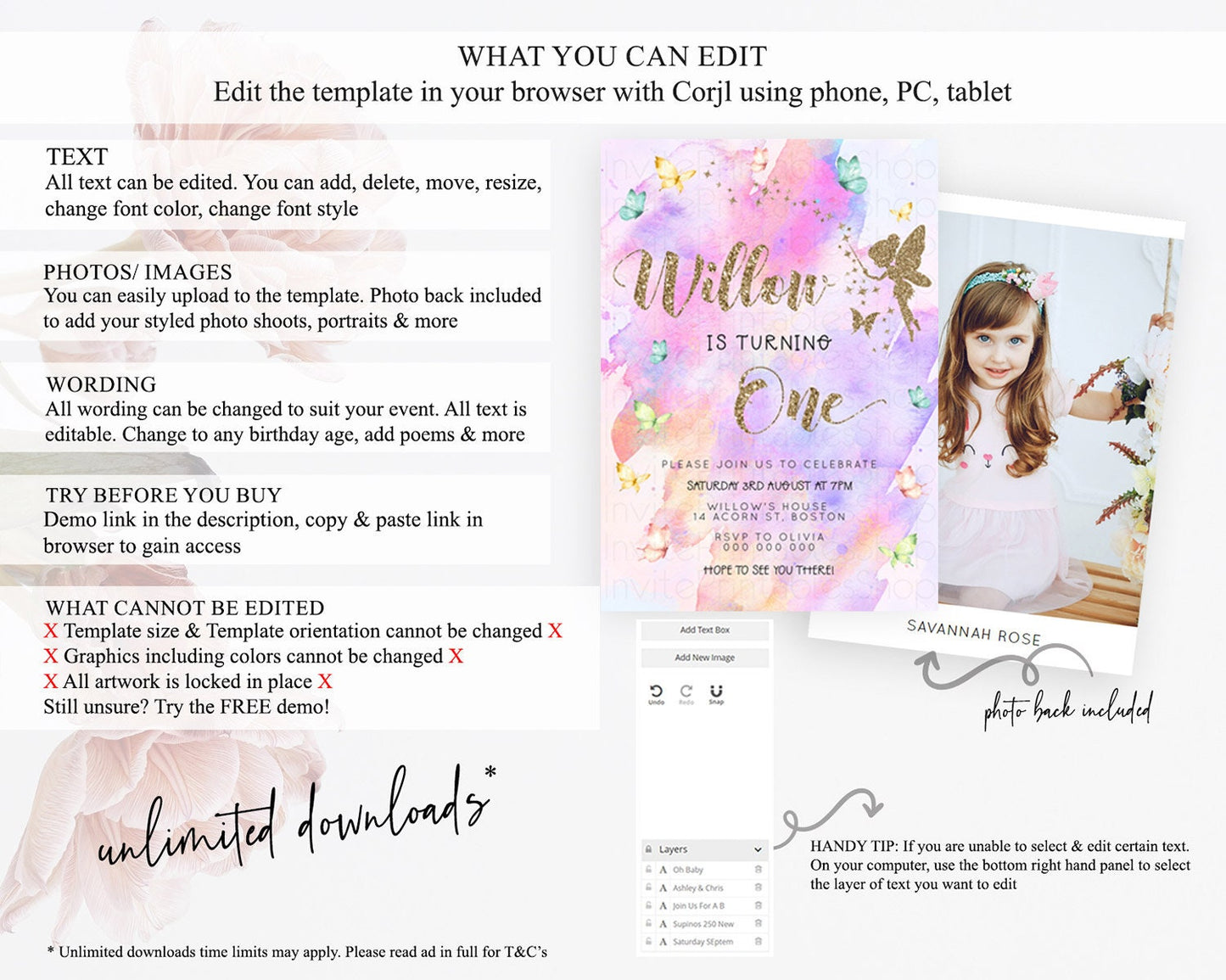 Pastel Fairy Birthday Invitation Pastel Butterflies Fairy Birthday Invitation Rainbow Ombre Watercolor 1st 2nd Birthday Invitation D23345