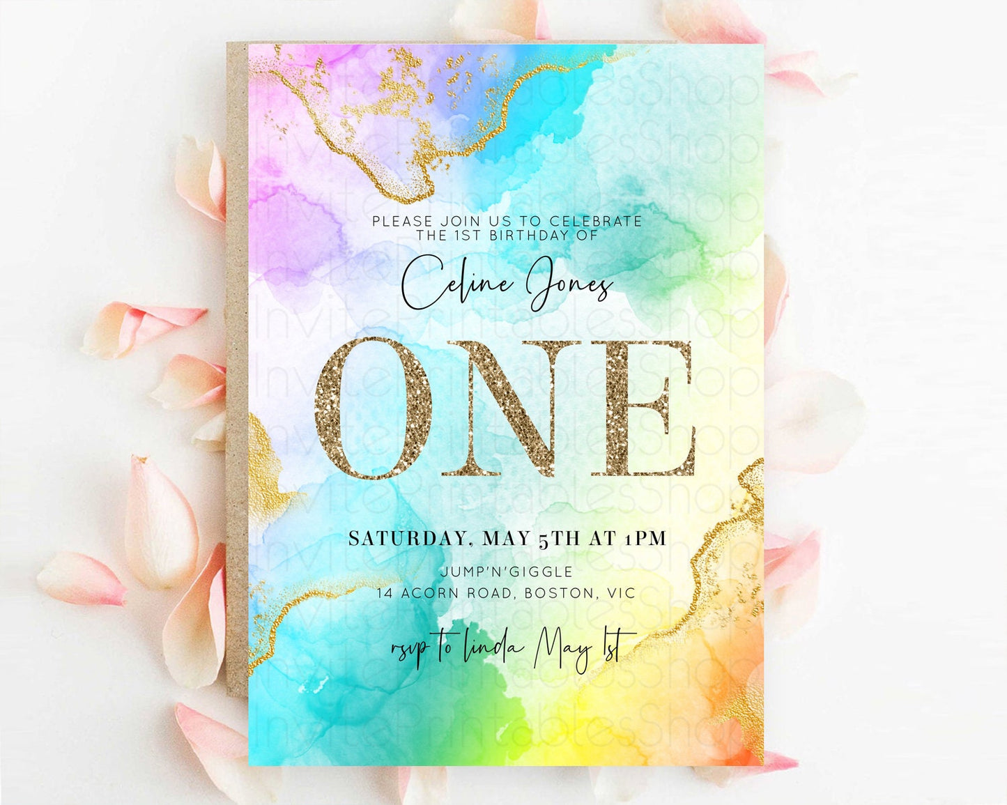 Rainbow Birthday Invitation Colorful Pastel Watercolor Invitation Gold Glitter Sprinkles Ombre Pastel 1st 2nd 3rd Birthday D10393