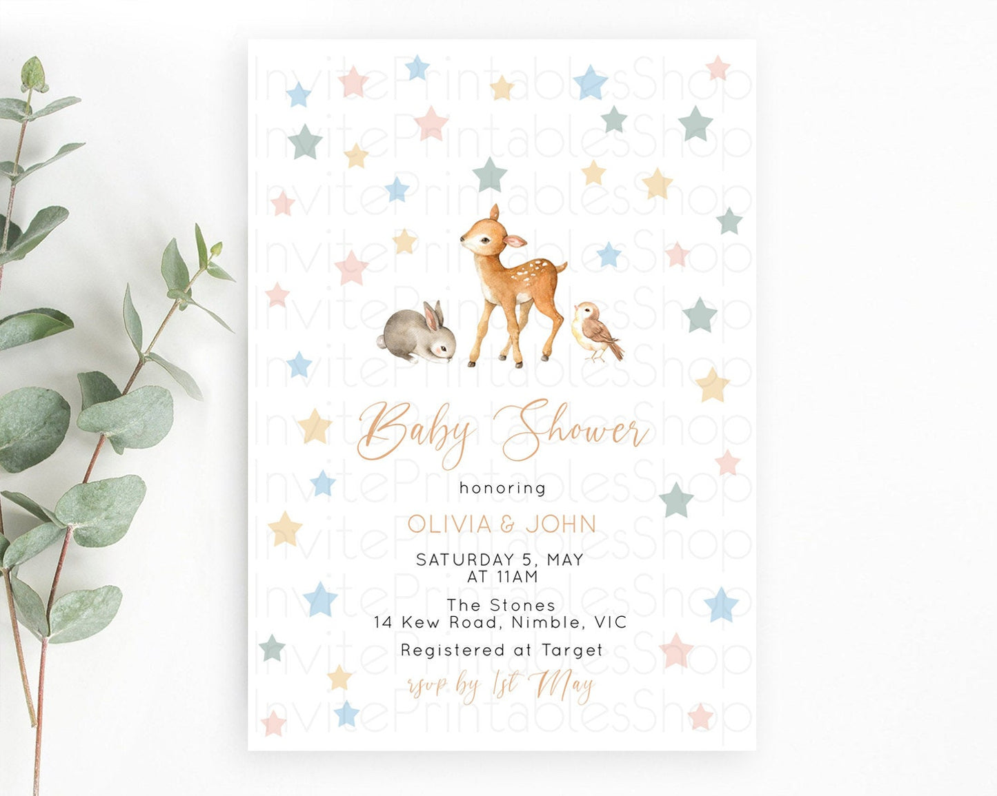 Fawn Baby Shower Invitation, : Baby Deer, Bunny, and Forest Animals with Pastel Blue Green Confetti Stars - Whimsical Woodland Theme D10918