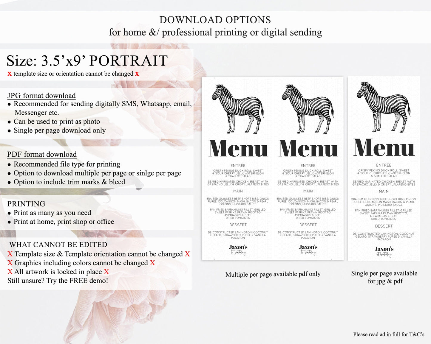 Zebra Menu Zebra Menu Template Zebra Party Table Decor Safari Adventure Decor Zebra Dinner Dessert Menu Party Food Menu D10249