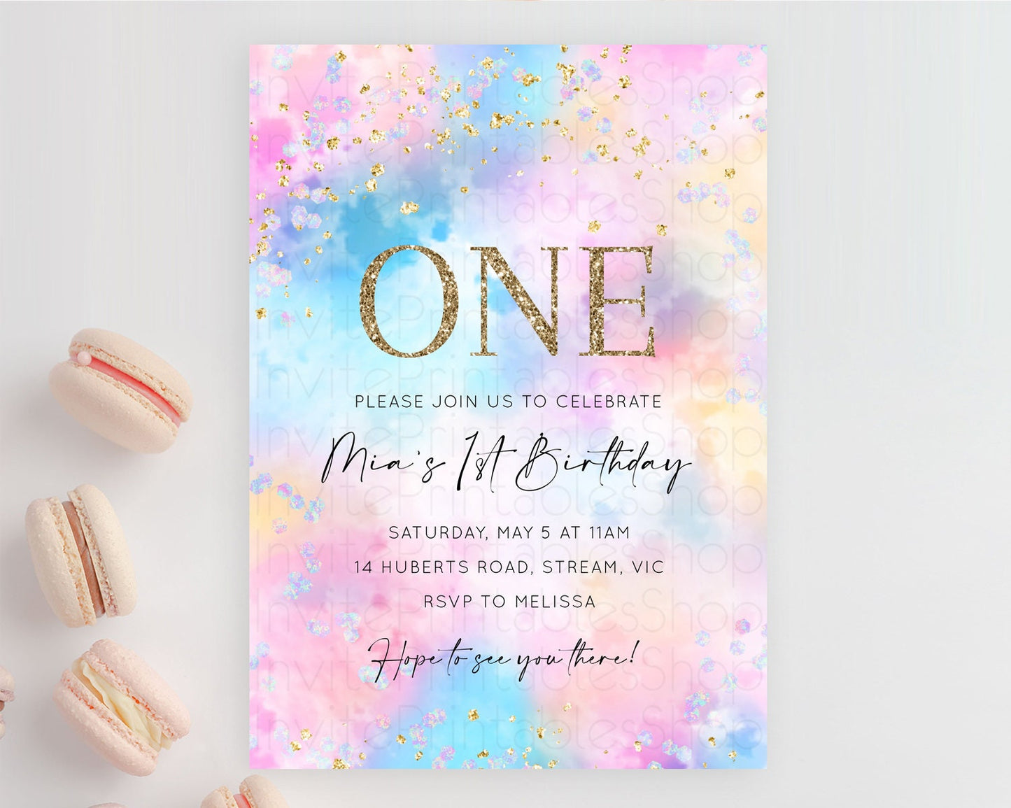 Rainbow Birthday Invitation Colorful Pastel Watercolor Invitation Gold Glitter Sprinkles Ombre Pastel 1st 2nd 3rd Birthday D10607