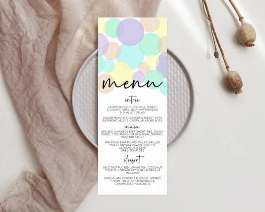 Rainbow Menu Pastel Menu Template Pastel Rainbow Table Decor Confetti Colorful Pastel Menu Confetti Menu Dinner Plate Party Decor D10414