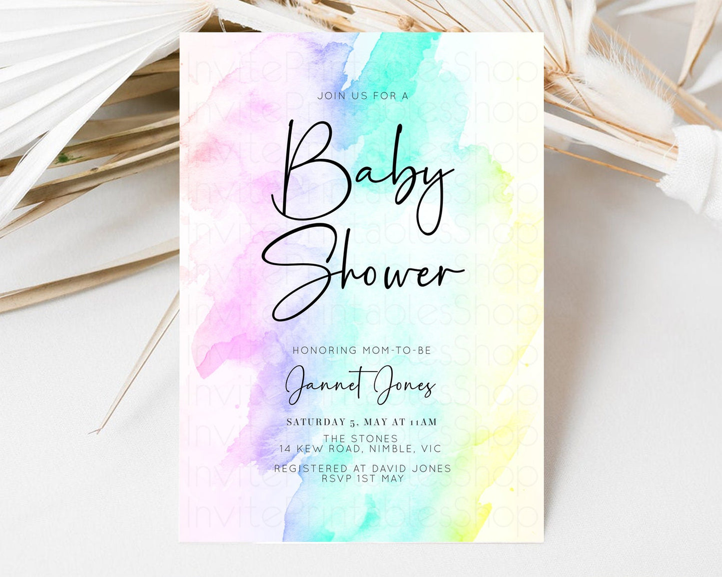 Rainbow Baby Shower Invitation Pastel Baby Sower Invite Colorful Splash Invite Sprinkle Confetti Watercolor Ombre Baby Shower Invite F210