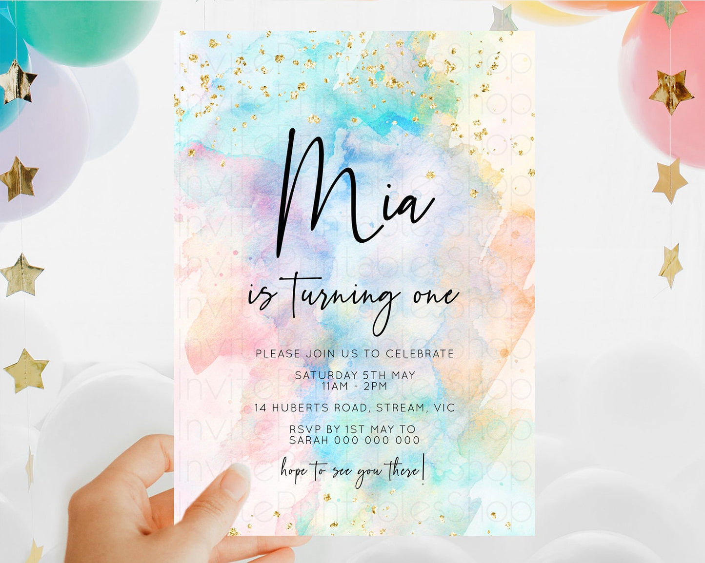 Rainbow Birthday Invitation Colorful Pastel Watercolor Invitation Gold Glitter Sprinkles Ombre Pastel 1st 2nd 3rd Birthday D10260