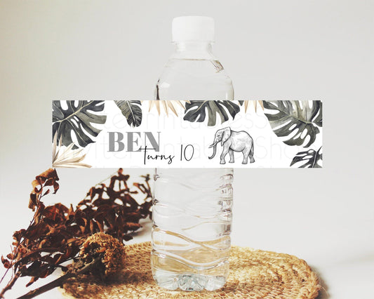 Elephant Water Label Template Elephant Safari Adventure Party Decor Dried Palm Fern Zoo Birthday Baptism Baby Shower Bridal Shower D10806
