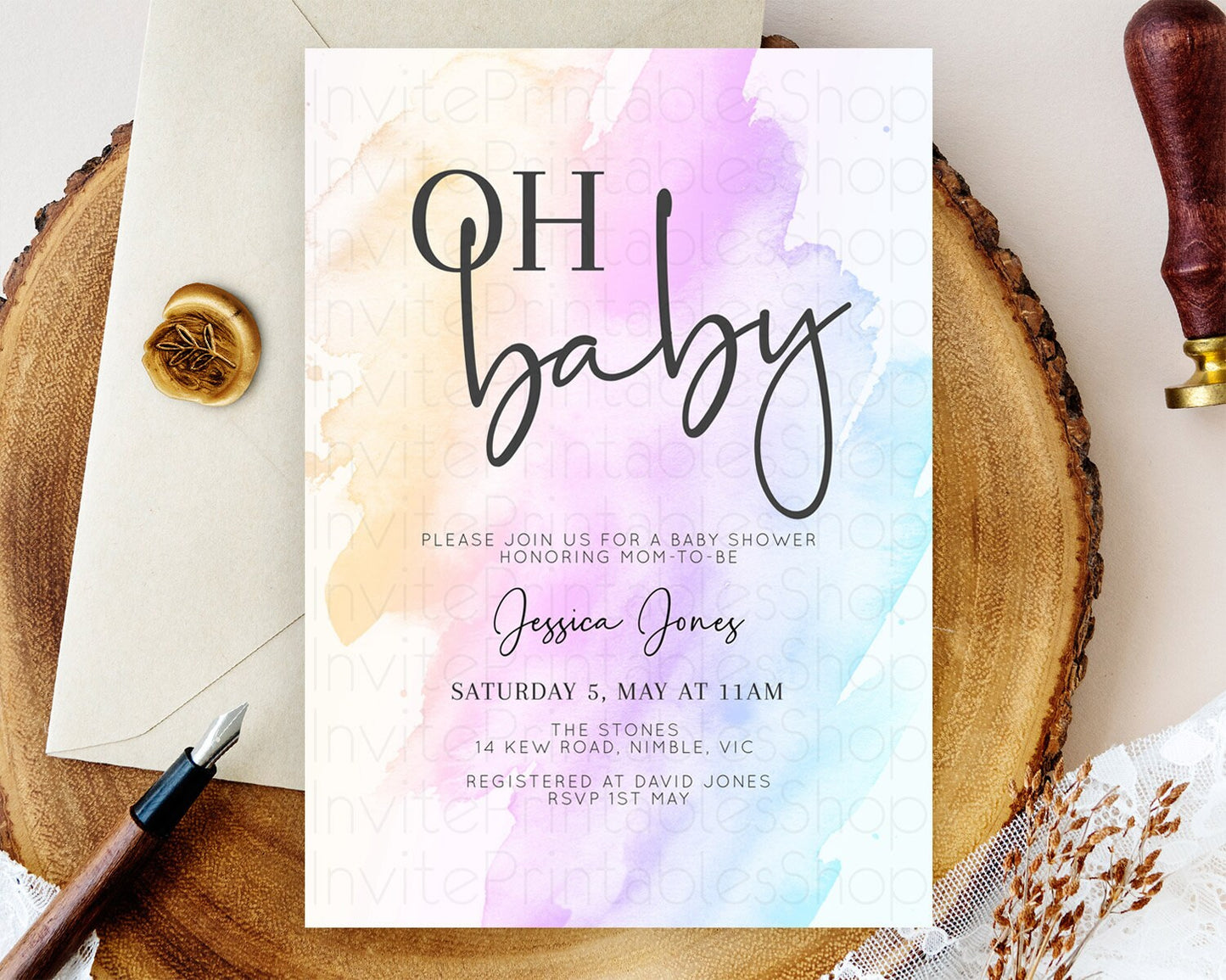 Pastel Baby Shower Invitation Rainbow Baby Shower Invitation Colorful Pastel Watercolor Invitation Gold Glitter Sprinkles Ombre D10177