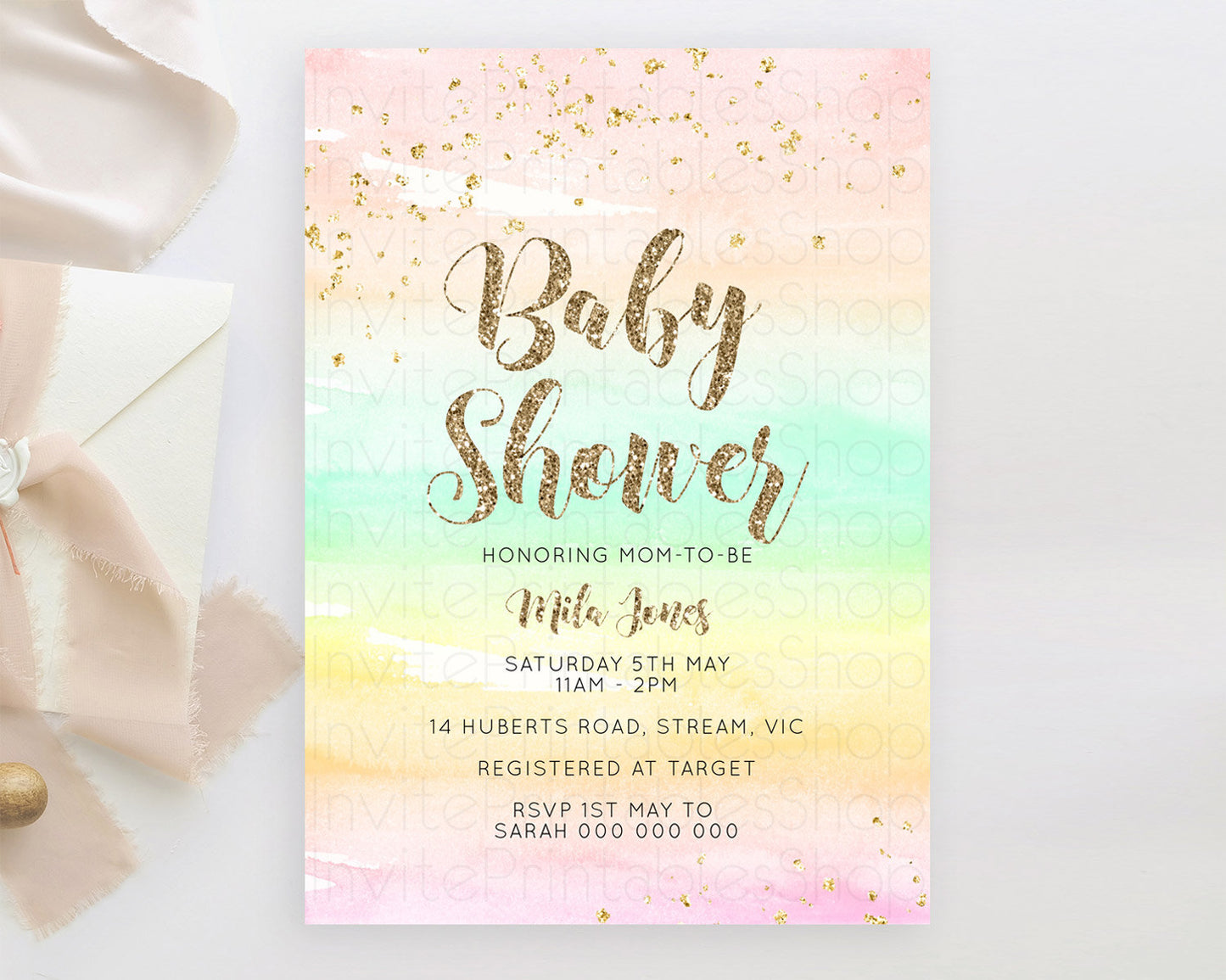 Pastel Baby Shower Invitation Rainbow Baby Shower Invitation Colorful Pastel Watercolor Invitation Gold Glitter Sprinkles Ombre D10592