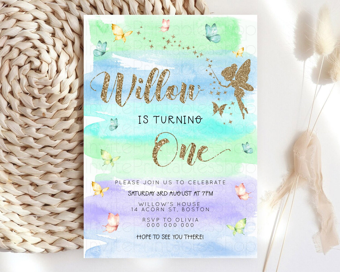 Pastel Fairy Birthday Invitation Pastel Butterflies Fairy Birthday Invitation Rainbow Ombre Watercolor 1st 2nd Birthday Invitation D23321