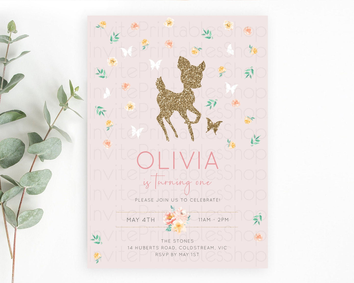 Fawn Birthday Invitation Deer Birthday Invitation Enchanted Forest Party Butterfly Pastel Flowers Whimsical 2nd 1st First Birthday D10386