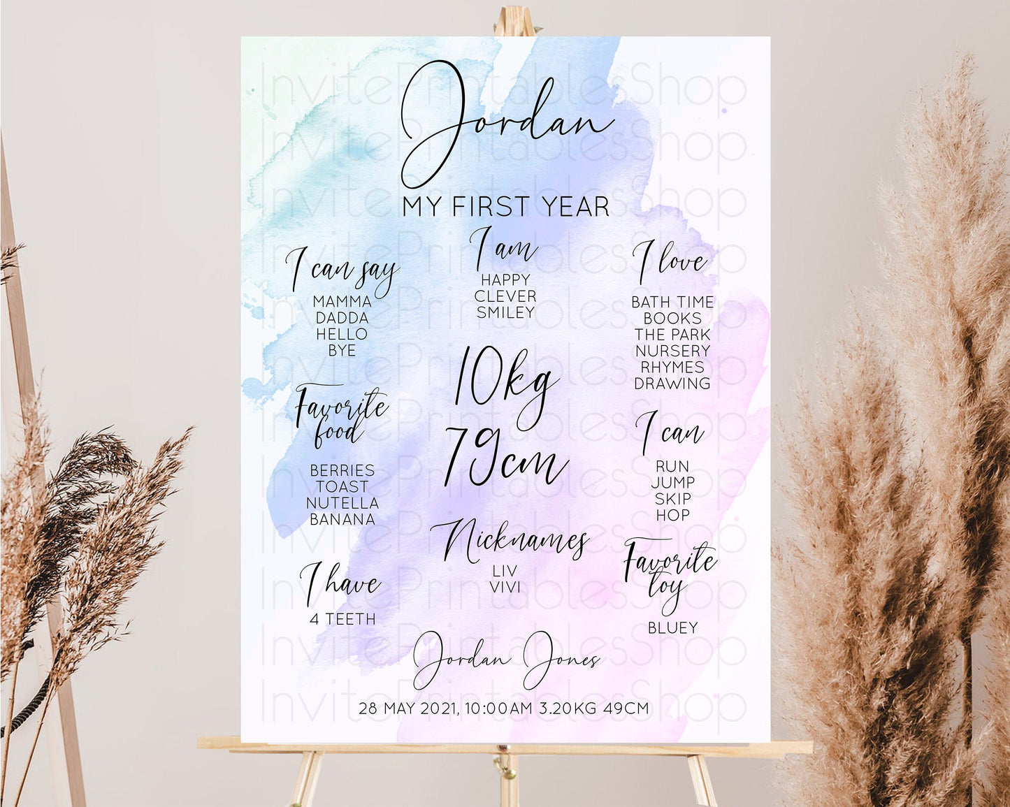 Pastel First Birthday Milestone Board Pastel Rainbow Milestone Poster Watercolor Glitter One Year Poster Colorful Splash Baby 1st Year