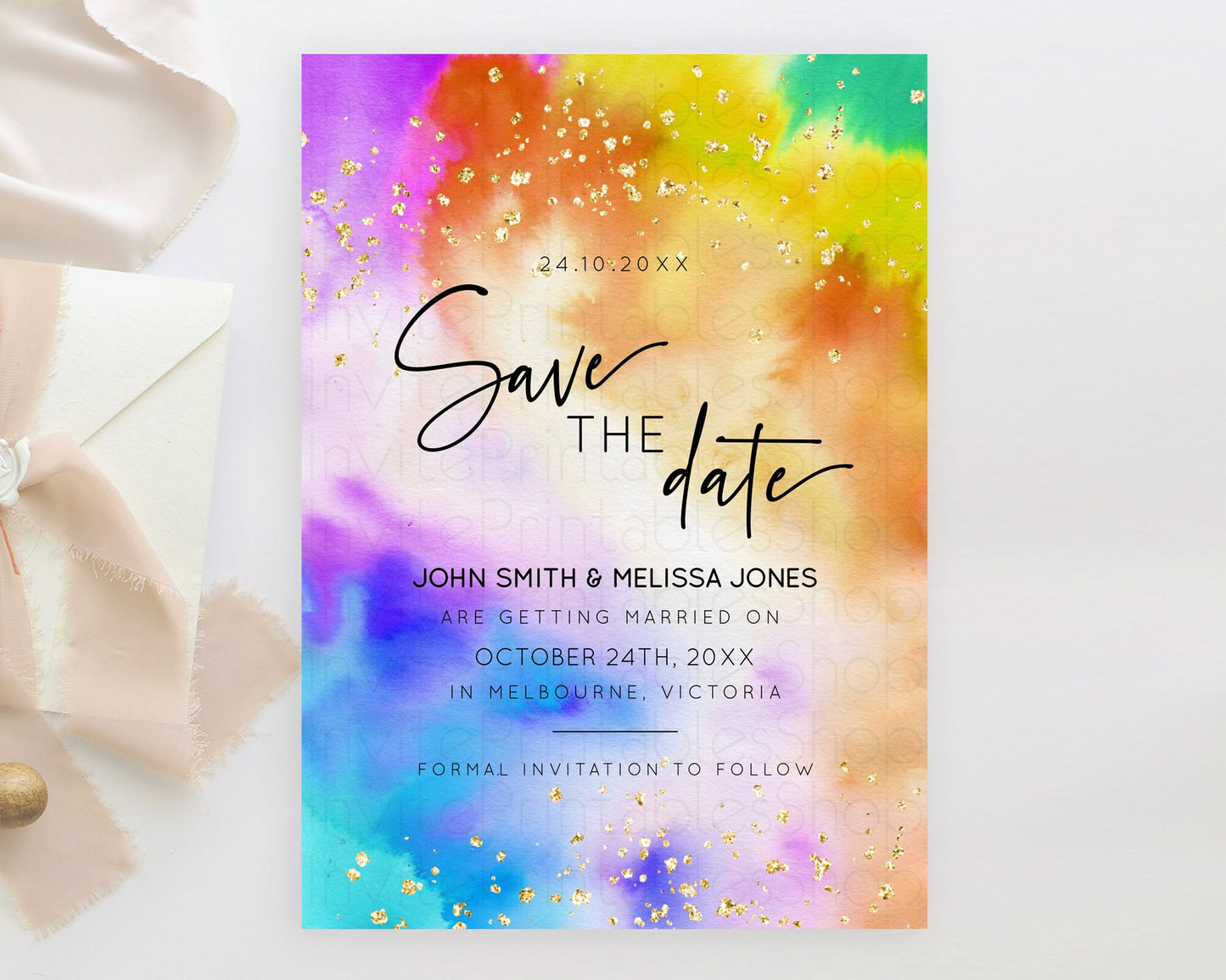 Tie Dye Save The Date Template Rainbow Pastel Ombre Watercolor Party For 1st Birthday Baptism Baby Shower Bridal Shower Wedding D10530