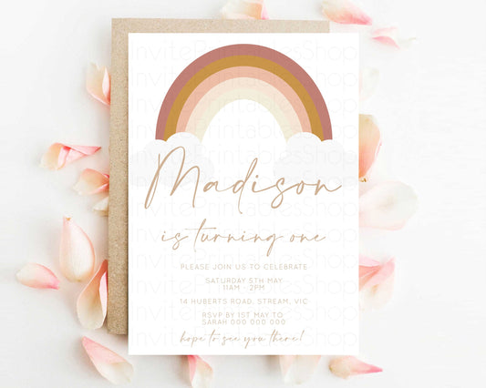 Boho Rainbow Birthday Invitation Pastel Invitation Heart Rainbow Invite Watercolor Orange Brown Earthy Clouds 1st 2nd 3rd Birthday 190