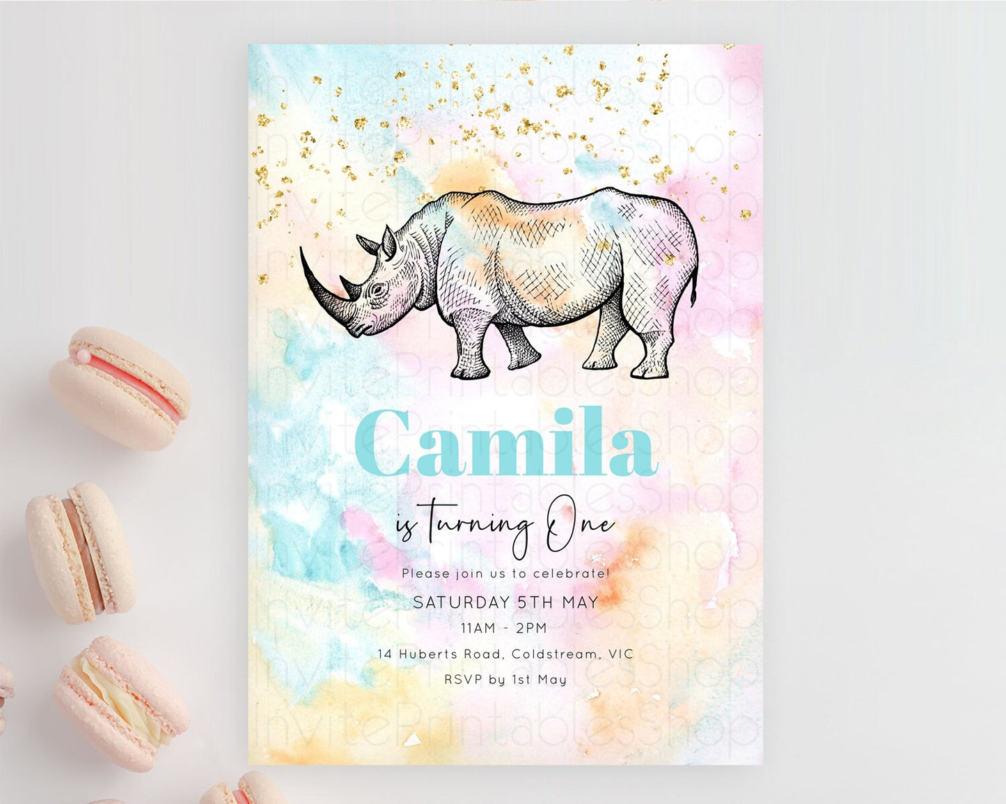 Rhino Birthday Invitation Rhino Invitation Rhino Birthday Pastel Watercolor Rhino Invitation Rainbow Rhino Party First Birthday D10287